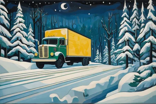 Describe a reefer truck driving through a snowy forest at night.,christmas truck,christmas truck with tree,tractor trailer,christmas pick up truck,snow scene,christmas caravan,christmas landscape,chri