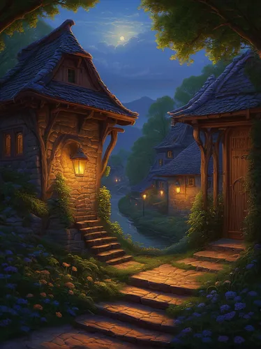 Step into my mystical realm. Ask a yes or no question and I'll unveil your fate.,home landscape,wooden houses,fantasy landscape,ancient house,night scene,druid grove,summer cottage,cottage,aurora vill