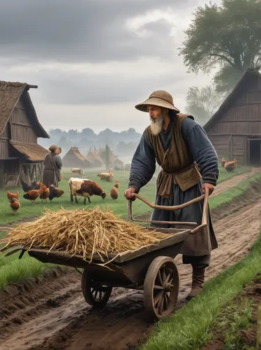 straw cart,straw carts,farmer,haymaking,agriculture,farming,farmers,bale cart,amish hay wagons,agricultural,straw harvest,farmworker,farm landscape,field cultivation,paddy harvest,threshing,grain harvest,woman of straw,village life,farm tractor,Art,Classical Oil Painting,Classical Oil Painting 07