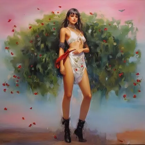 girl in flowers,mai tai,fantasy woman,oil on canvas,girl with tree,girl in the garden,pink peppercorn,desert rose,secret garden of venus,girl in a wreath,watermelon painting,blood orange,italian painter,pomegranate,garden of eden,cupido (butterfly),kahila garland-lily,rosa bonita,oil painting on canvas,oil painting,Illustration,Paper based,Paper Based 04