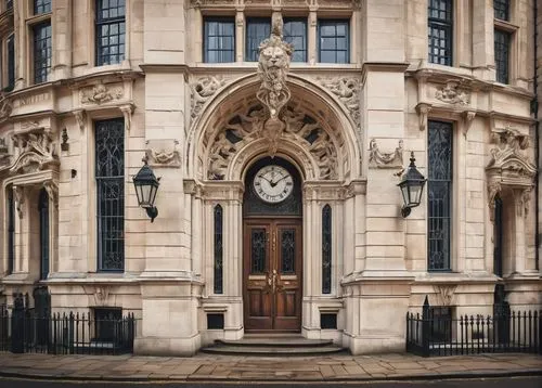 British 18th century, Victorian-era inspired building, grandiose stone structure, intricately carved ornate details, tall spires, grand clock tower, symmetrical facade, ornate balconies, stained glass