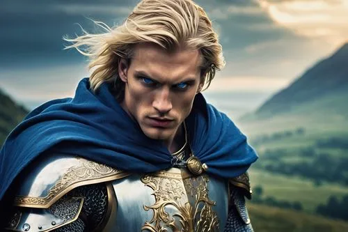 male, Paladin, muscular, holy aura, silver armor, blue cape, golden trim, intricate engravings, broadsword, shield, determined expression, flowing blond hair, piercing blue eyes, strong jawline, divin