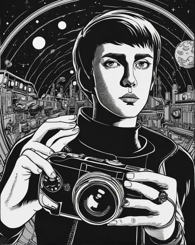 camera illustration,camera drawing,a girl with a camera,astronomer,cinematographer,camerist,filmmaker,self-portrait,camera,sci fiction illustration,camera photographer,camera lens,photo-camera,movie camera,spherical image,twin-lens reflex,digital camera,analog camera,photographer,escher,Illustration,Black and White,Black and White 18