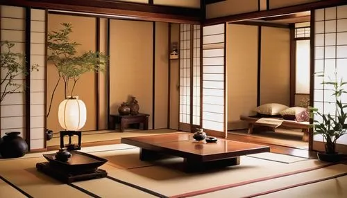 japanese-style room,ryokan,ryokans,tatami,tea ceremony,bamboo plants,bamboo curtain,teahouse,chanoyu,japanese style,zuoyi,ikebana,interior decor,interior decoration,teahouses,asian architecture,dojo,japanese art,japanese zen garden,shoin,Illustration,American Style,American Style 05