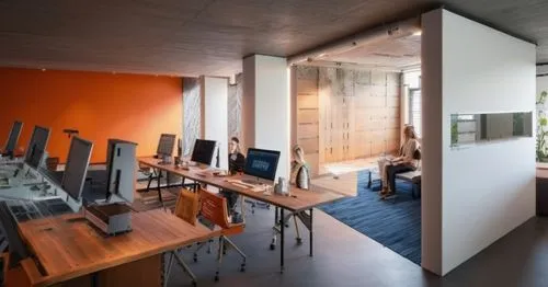 Design the office space of the Freitag Marketing Department. Express the boundary with the employee lounge through the difference in ceiling and floor finishes.,modern office,creative office,offices,b