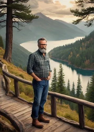 Moody Graham, landscape architect, mature man, 40s, rugged beard, brown hair, glasses, plaid shirt, dark jeans, boots, standing, crossed arms, scenic mountain range, misty atmosphere, lush greenery, t