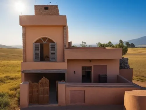 the sun is shining above a small building,miniature house,model house,taos,hacienda,earthship,dunes house,Photography,General,Realistic