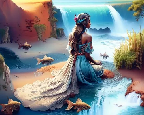 a woman sitting on a rocky cliff by a waterfall surrounded by fish,mermaid background,amphitrite,naiad,candomble,nereids,oshun,Illustration,Realistic Fantasy,Realistic Fantasy 15