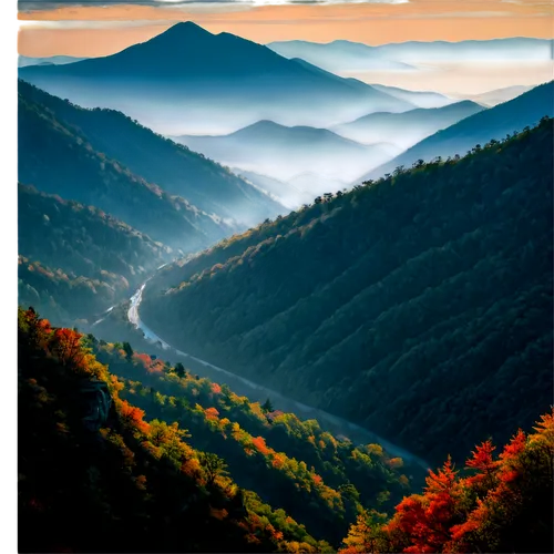 Mountain range, North Carolina, Blue Ridge Mountains, autumn season, misty morning, rugged terrain, rocky peaks, evergreen trees, deciduous trees with golden leaves, winding roads, scenic overlooks, c