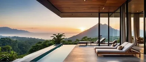 Modern luxurious villa, glass house, minimalist style, floor-to-ceiling windows, sliding glass doors, sleek steel frames, polished concrete floors, wooden accent walls, lush greenery surroundings, tro