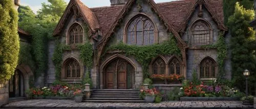 16 scaled miniature building, intricate details, ornate facade, grand entrance, stone walls, Gothic-style windows, steeply pitched roof, weathered copper gutters, lush greenery surrounding, vibrant fl