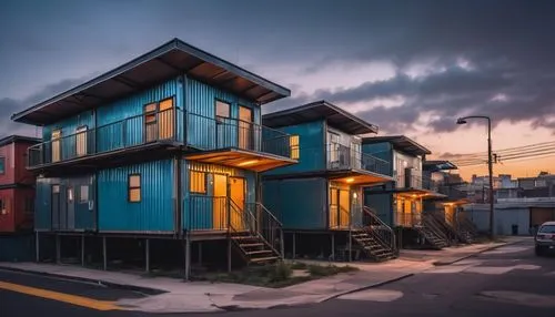 Homeless shelter, modern architecture, minimalist design, angular structure, corrugated metal exterior, wooden accents, translucent roofing, natural lighting, communal kitchen, shared bathrooms, cozy 