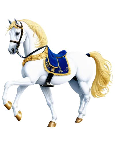 White horse, majestic posture, flowing mane, golden bridle, ornate carriage, luxury logo emblem, shiny metal, intricate design, royal blue ribbon, regal atmosphere, soft natural light, 3/4 composition