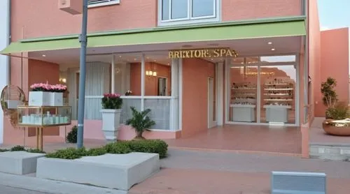 Fachada salon de belleza de lujo y tienda de maquillaje con mostradores bien surtidos, peluquería spa de lujo decoración de pestañas y uñas, ambiente agradable con muchas plantas y flores  letrero bri