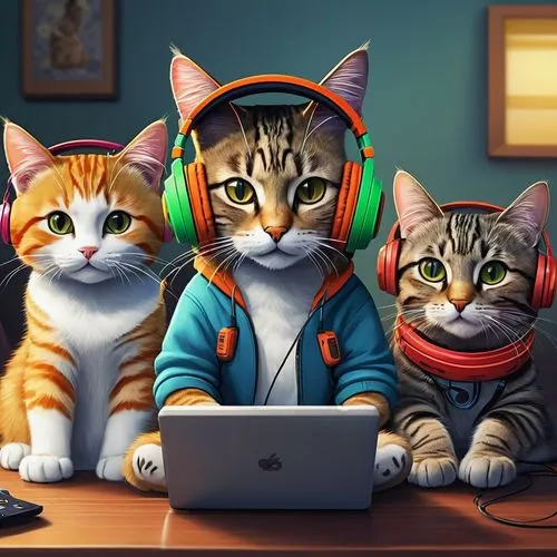 copycatting,cat family,listening to music,gatos,vintage cats,catterns,Illustration,Realistic Fantasy,Realistic Fantasy 18