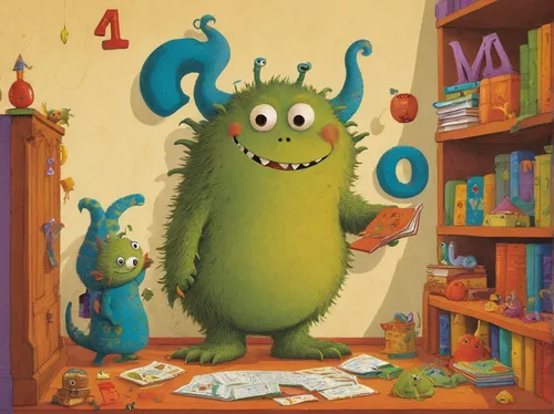 Imagine a hilarious situation where a silly monster learns to count with abcmouse.com, leading to some surprising mishaps.,three eyed monster,book illustration,childrens books,green animals,child mons