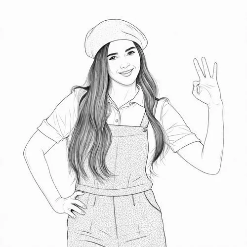 hila,girl in overalls,wipp,aradia,wipo,lineart,dungarees,summer line art,uncolored,overalls,valentine line art,line art,fashion vector,redrawing,laurene,jauregui,coloring pages kids,angel line art,beret,girl wearing hat,Design Sketch,Design Sketch,Detailed Outline