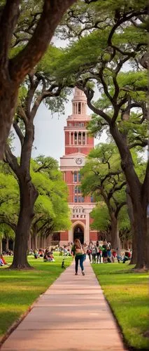 University of Texas at Austin, Beaux-Arts architecture, grand entrance, iconic UT Tower, red brick walls, white limestone accents, intricate stone carvings, sprawling green lawn, walking paths, mature