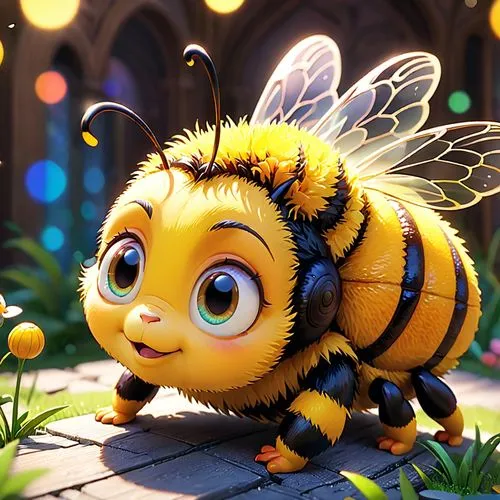 overdetailed close-up of a furry chibi happy bumble bee, polychromatic, Michael Kaluta, Aleksandr Kuskov, Christophe Heughe, Adobe After Effects, Post-Production, SFX, detailed, intricate, maximalist,