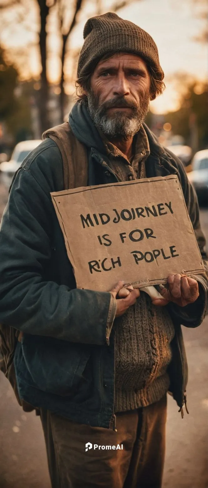 a homeless holding up a sign that says "MIDJOURNEY IS FOR RICH PEOPLE",homeless man,homeless,seller,is missing,search marketing,unhoused,hobo bag,vendor,donations,helping people,lost and found,home or