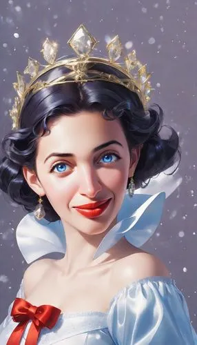 Princess (Snow White: 1.3) from Disney movie Snow White and the Seven Dwarfs, wears a classic princess gown that is colored in shades of blue and yellow. dark hair and typically styled in a bob with a