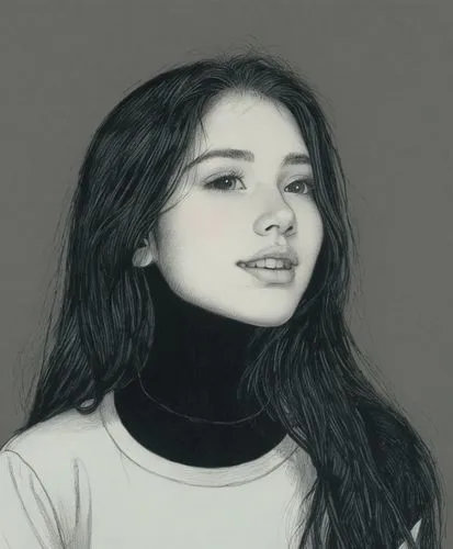 女孩，黑色衬衫，黑色长发，黑白,an illustration of a woman in a white t - shirt,bjork,daveigh,kreuk,turtleneck,akimoto,turtlenecks,Illustration,Black and White,Black and White 13