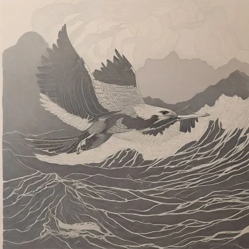 Line drawing of a falcon.,the bird in flight over the water,japanese wave paper,the great wave off kanagawa,japanese waves,hokusai,japanese wave,waves,Illustration,Vector,Vector 03