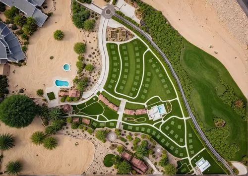 landscape plan of a golf course in the middle of the desert. Green areas mixed with sand and desert rock. palms and trees surrounding the area. wood roof and pools. black asphalt road. ,indian canyons