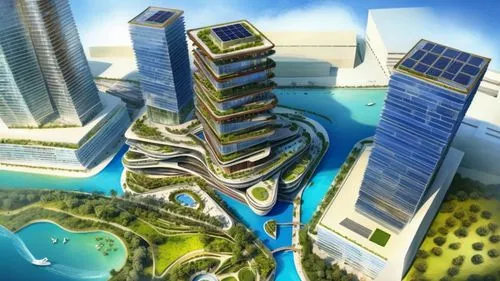 Ariel view of a hotel tower in Dubai next to a park with water. Cinematic, 4K.   ,an artist's impression of modern buildings and an artificial pond,megapolis,dubay,megaproject,futuristic architecture,