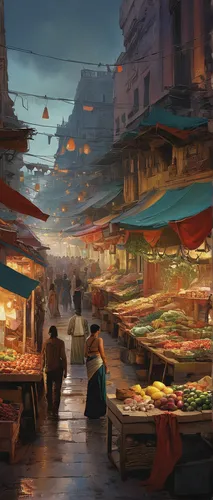 Construct a bustling marketplace with Maya's realistic rendering.,the market,fruit market,vegetable market,market,souk,marketplace,large market,vendors,grand bazaar,market vegetables,spice market,cove