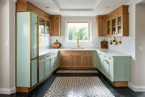 A luxurious and classic kitchen with a bright, airy atmosphere. The centerpiece is a large island with a white marble countertop, accompanied by two elegant woven bar stools. The cabinets are a soft p