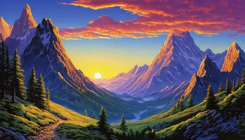 mountain sunrise,mountain landscape,mountain scene,mountainous landscape,mountains,high mountains,the landscape of the mountains,mountain world,mountain range,mountain slope,alpine sunset,high landscape,mountain,mountain plateau,giant mountains,mountain valley,mountain valleys,mountainside,mount scenery,mountain road,Conceptual Art,Sci-Fi,Sci-Fi 18