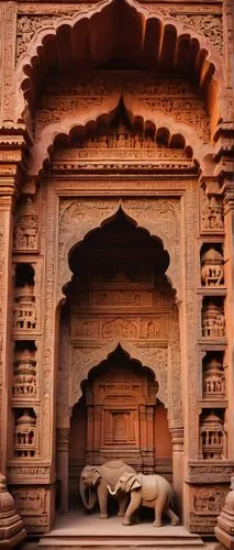 Ancient Indian architecture, Gupta dynasty style, ornate carvings, intricate stone sculptures, temple complex, red sandstone walls, towering spires, grand entrance gates, pillared halls, ornate ceilin