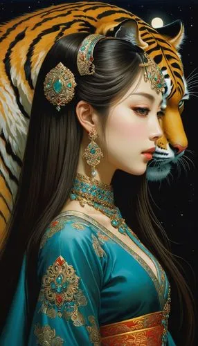 oriental princess,oriental girl,oriental painting,tigress,fantasy art,asian tiger,Illustration,Realistic Fantasy,Realistic Fantasy 08