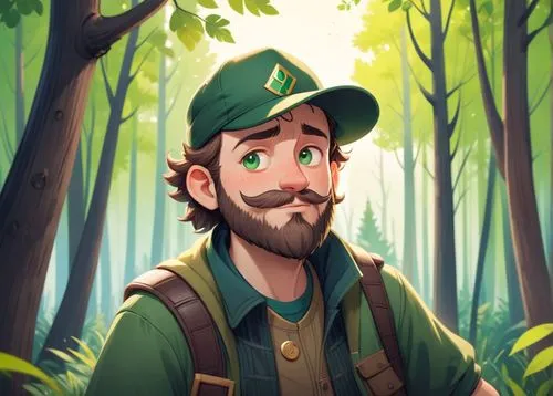 A 50 year old man, he is a forester, he is wearing a cap with a deer logo on it, his beard is greay colored, hes is wearing forester clothes green and brown colored, he has a few rickles on his face,a