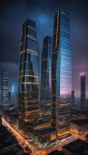 Modern architecture, design competition, 2018, futuristic skyscraper, sleek lines, metallic materials, reflective glass, intricate structure, urban cityscape, bustling streets, evening lights, neon si