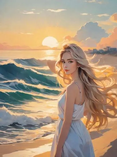 donsky,heatherley,beach background,oil painting,sun and sea,oil painting on canvas,Digital Art,Poster