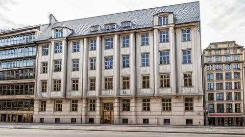 street view of a building munich from 1898 with left neighbour building from 1898 and right side new modern glass building,konzerthaus berlin,ludwig erhard haus,konzerthaus,chilehaus,kontorhausviertel