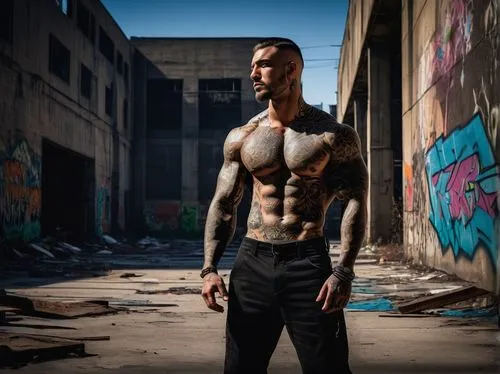 Tattooed muscular man, modern architecture, abandoned building, industrial district, broken glass windows, graffiti walls, iron pipes, concrete floors, steel beams, dim lighting, cinematic composition