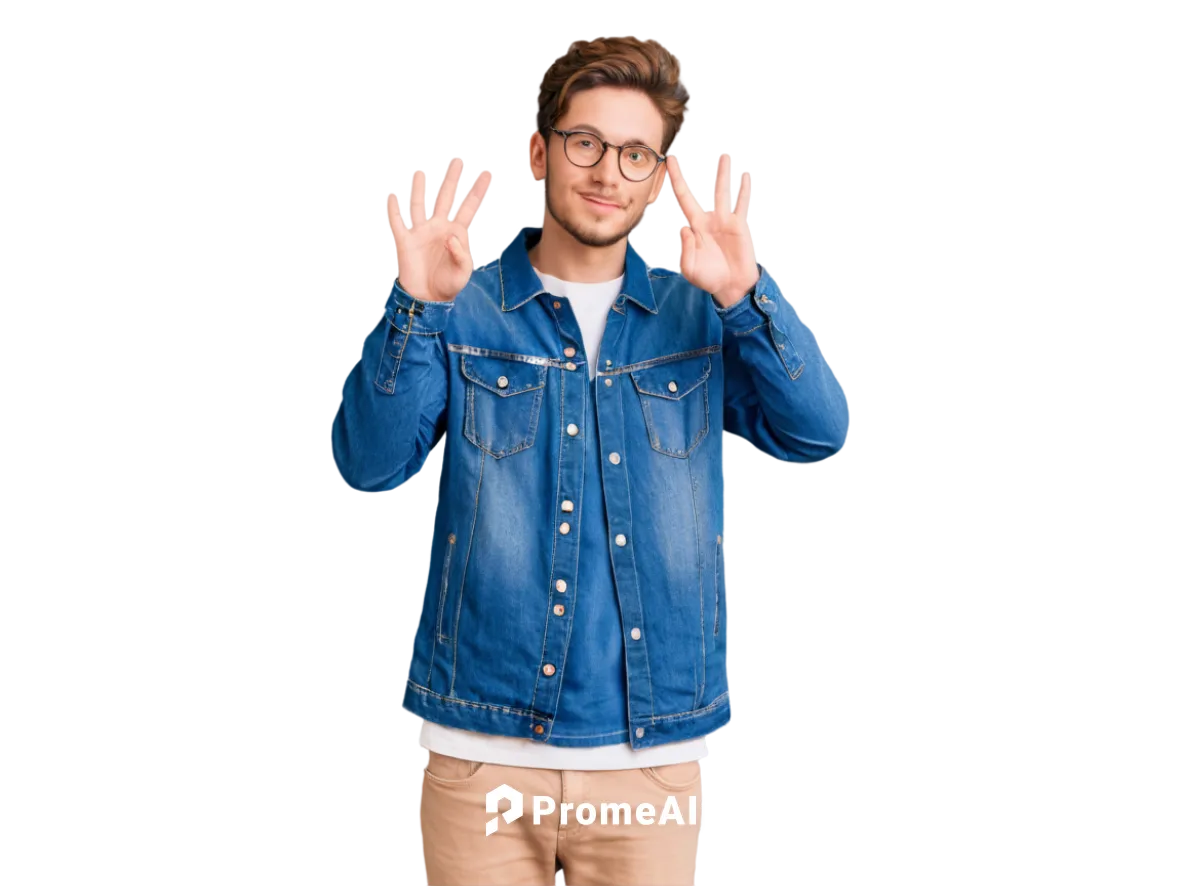 Male artist, photography studio, solo, (25yo), casual hairstyle, glasses, facial hair, denim jacket, white T-shirt, jeans, sneakers, camera in hand, standing, relaxed pose, natural light, softbox ligh