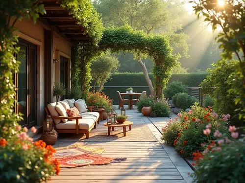 summer cottage,garden bench,home landscape,cottage garden,beautiful home,front porch,gardin,alfresco,terrasse,porch,country cottage,porch swing,landscaped,backyard,english garden,jardin,summer border,beautiful garden flowers,country house,wooden decking,Photography,General,Realistic