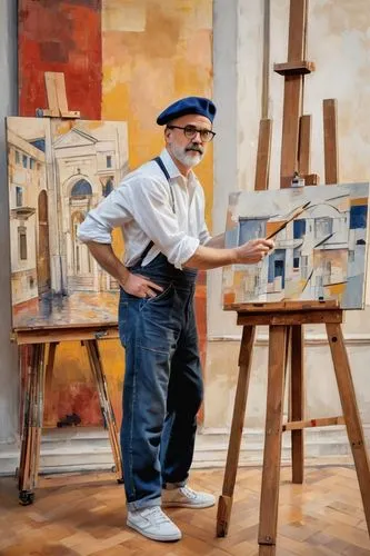 Middle-aged male artist, standing in front of a large easel, holding a palette, wearing a beret, thick-rimmed glasses, casual white shirt, rolled-up sleeves, dark blue jeans, sneakers, surrounded by a