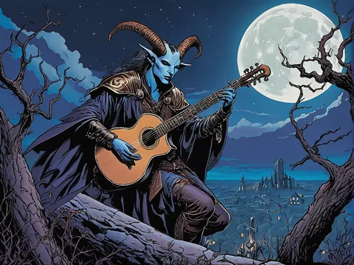 violinist violinist of the moon,bard,art bard,itinerant musician,fiddler,cavaquinho,banjo player,helloween,folk music,cd cover,magus,dance of death,music fantasy,herfstanemoon,balalaika,grimm reaper,mandolin,stringed instrument,hag,the night of kupala,Illustration,American Style,American Style 04