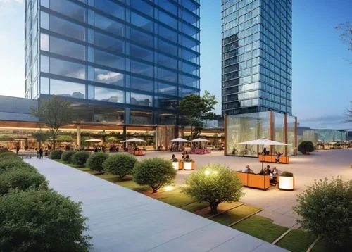 outdoor public space, dusk, commercial, bussiness, glass, pavement, green, realistic rendering, mordenism, golden hour, high quality rendering, running route, food square,capitaland,oakbrook,zorlu,tai