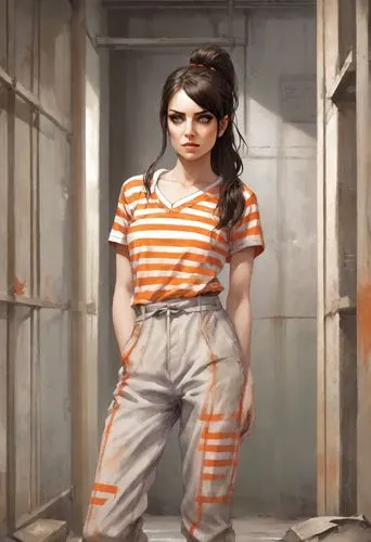 prisoner,clementine,prison,croft,girl in overalls,chainlink,detention,overalls,girl with a gun,jumpsuit,lori,arbitrary confinement,girl with gun,tied up,rust-orange,female nurse,orange,live escape game,game illustration,digital painting,Digital Art,Comic