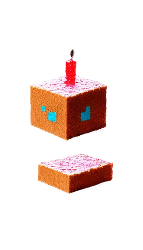 Square-shaped cake, colorful pixels, 8-bit style, cream frosting, red cherry on top, decorative candles, sprinkles around edges, shallow depth of field, bright vibrant colors, warm lighting, centered 