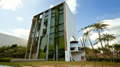 a large tall building sitting in front of palm trees,universiti malaysia sabah,biotechnology research institute,ukm,cube house,universiti,uitm,Photography,General,Realistic