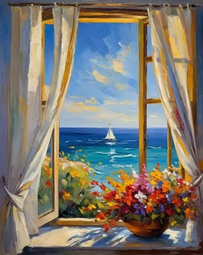 window with sea view,bedroom window,ocean view,window,landscape with sea,window view,the window,window to the world,sicily window,sea landscape,sea view,big window,open window,seaside view,windowsill,window curtain,window front,window sill,sailboat,balcon de europa,Conceptual Art,Oil color,Oil Color 22