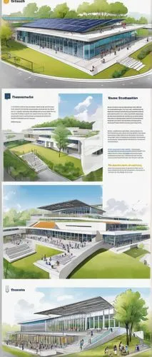 Modern school building, futuristic architecture, white walls, large glass windows, steel frames, sloping roof, solar panels, greenery surroundings, trees shading, outdoor amphitheater, stairs with rai