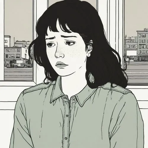 Show me the crying situations,woman in black and white with city skyline seen through window,phonogram,tatsuro,clowes,worried girl,takiko,satrapi,togawa,mari makinami,mikiko,toshiko,mizuhara,millo,man